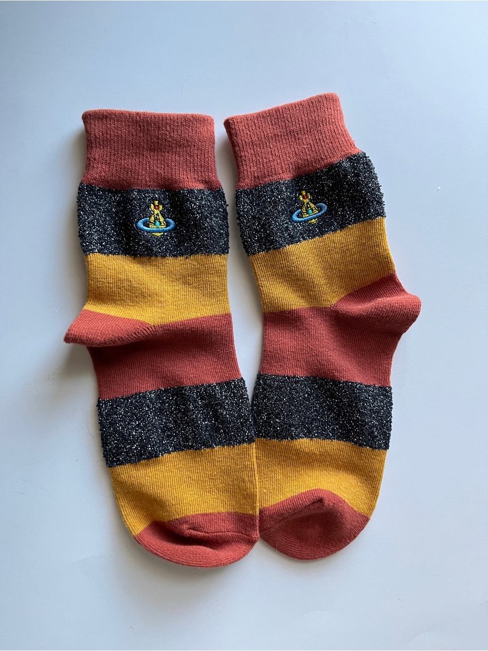 Vivienne Westwood Striped Crew Socks in Rust, Mustard & Black